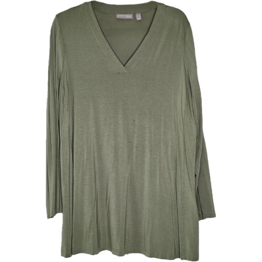 Susan Graver Lifestyle Women Liquid Knit Tunic Top 1XL Green Long Sleeve V-Neck - Picture 1 of 5